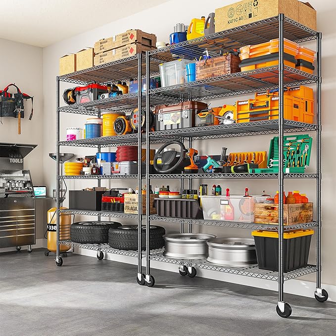Romorgniz 82" H X45 W X18 D Storage Shelves with Wheels, 6 Tier Wire Shelving Adjustable Metal Shelving Pantry Shelves Capacity 2100LBS for Garage Shelving, Pantry, Kitchen, Closet,Black,3P
