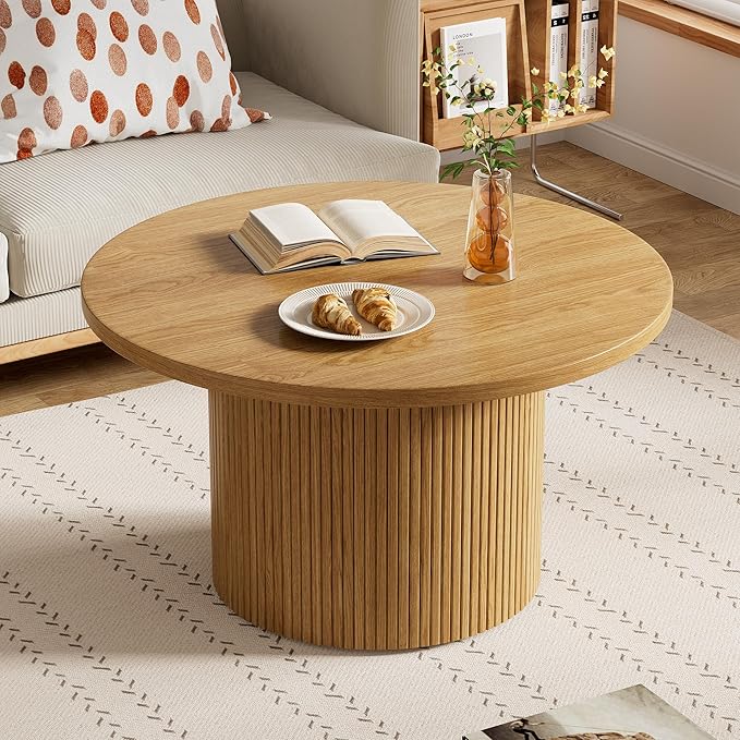 Furniway Round Coffee Table, 35.4" Circle Wide Coffee Table, Wood Table and Center Table for Living Room, Natural