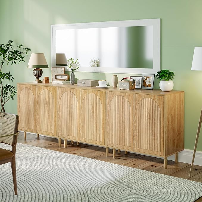 Bifins 63” Fluted Sideboard Buffet Cabinet with Storage,Mid Century Modern Small Wood Storage Cabinet with Arched Profile for Dining Room Kitchen Living Room