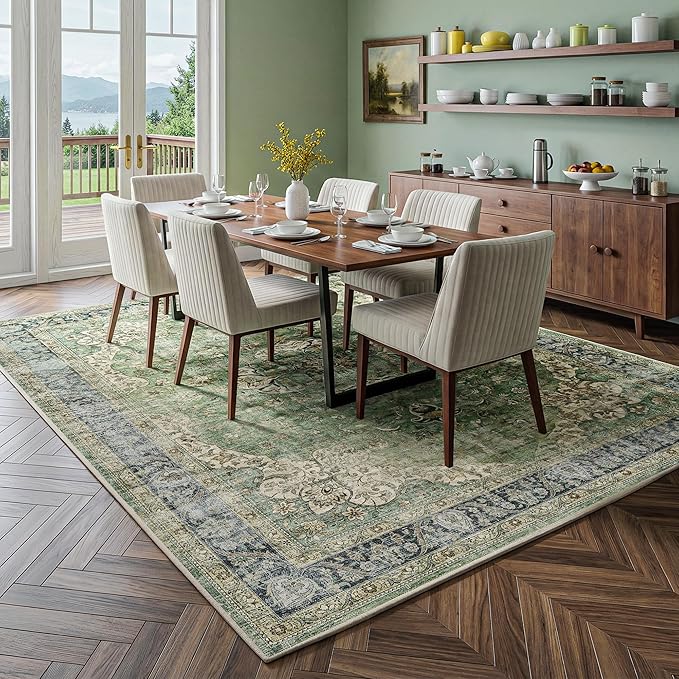FMFUNCTEX 6x9 Green Washable Area Rug Vintage Distressed Oriental Non Slip Low Pile Neutral Indoor Carpet for Living Room Bedroom Soft Retro Floral Thin Large Rug for Dining Nursery Office Dorm