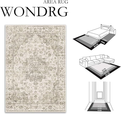 8x10 Washable Neutral Area Rug Taupe Vintage Living Room Bedroom Carpet Non-Slip Soft Low Pile Farmhouse Large Throw Rug for Dining Room Entryway Office