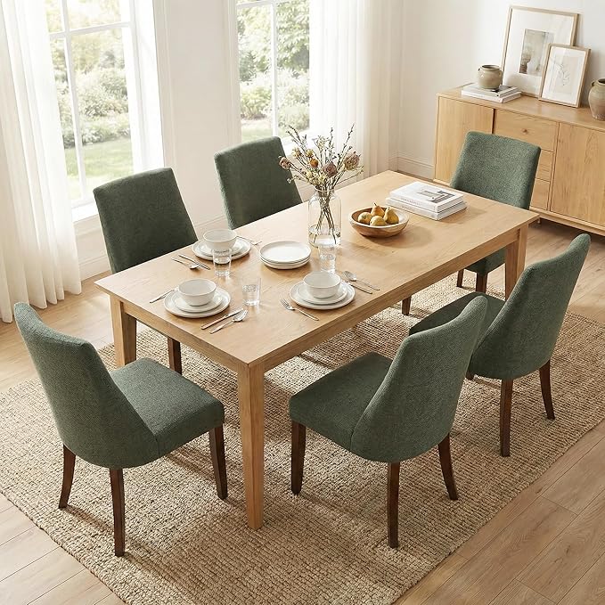 Wooden Dining Chairs Set of 6, Upholstered Farmhouse Fabric Dining Room Chair, Mid Century Kitchen Chair for Restaurant & Cafe, Green