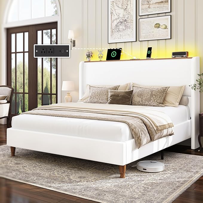 LARMACE King Size Bed Frame with LED Lights and Charging Station Linen Upholstered Platform Bed Frame with 51.2" Tall Wingback Headboard and Storage Shelf, No Box Spring Needed, Easy Assembly, White