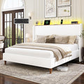 LARMACE Queen Size Bed Frame with LED Lights and Charging Station Linen Upholstered Platform Bed Frame with 51.2" Tall Headboard Wingback and Storage Shelf, No Box Spring Needed, Noise Free, White