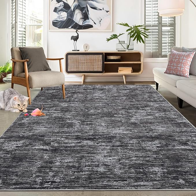 RUGSREAL Living Room Area Rug 9x12 Machine Washable Rug Non-Slip Stain Resistant Modern Abstract Bedroom Rug Contemporary Accent Floor Carpet for Dining Room Solid Area Rug for Home Office, Dark Grey