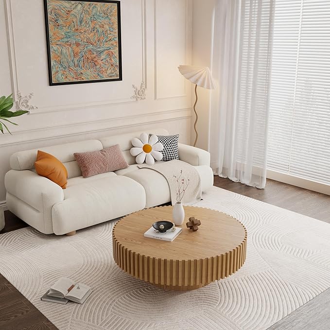 39.4" Oak Round Coffee Table Wood, Modern Drum Fluted Circle Coffee Table for Living Room, Contemporary Low Center Table Side Table for Apartment, Farmhouse, Office, mesa de Cafe, Natural Ash
