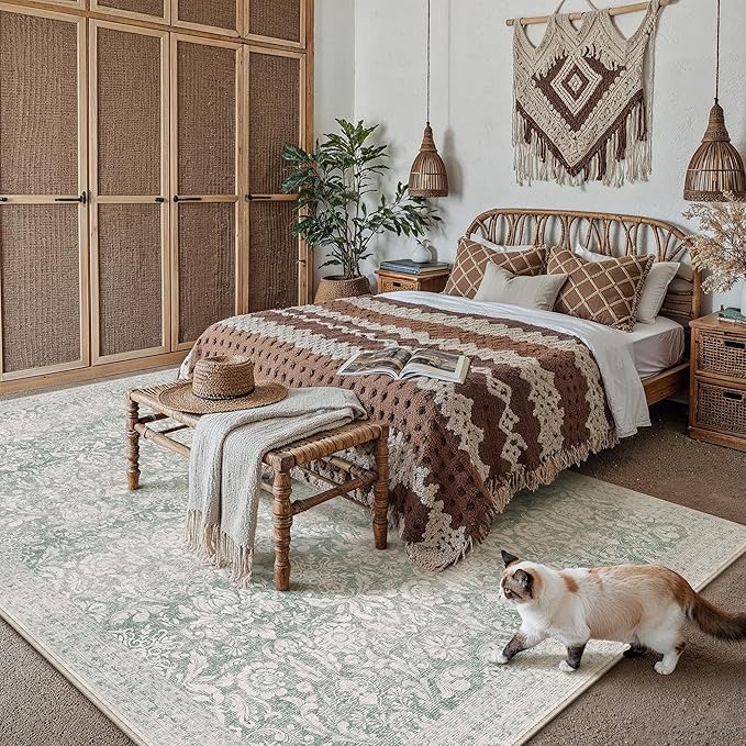 PureCozy Green 6x9 Area Rug Washable Vintage Living Room Bedroom Carpet Indoor Non Slip Soft Low Pile Thin Retro Accent Home Office Dining Room Rugs