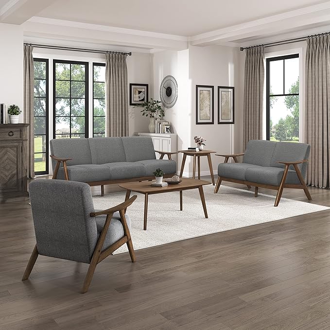 Lexicon Mid Century Modern Accent Chair with Solid Wood Frame in Walnut Finish, Upholstered Living Room Lounge Arm Chair, Thick and Comfy Innerspring Seat Cushion, Linen-Look Fabric, Gray