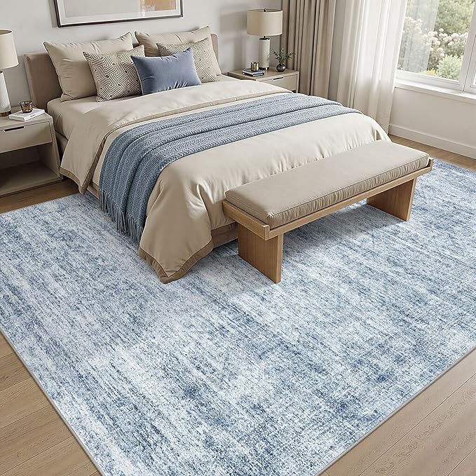 cotiled Large Area Rugs for Living Room 5x7, Machine Washable Rugs with Non Slip Backing Modern Neutral Abstract Rugs Stain Resistant Distressed Carpets for Home Office Decor (5x7 Blue)