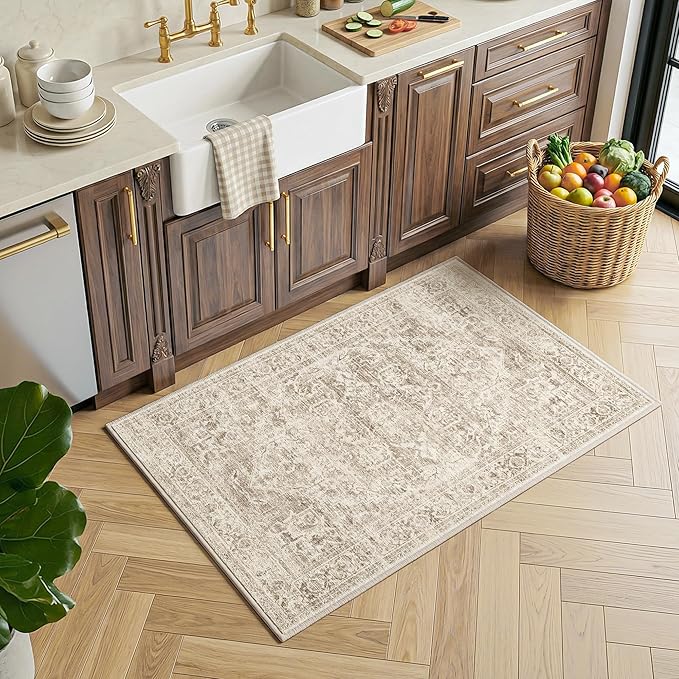 FMFUNCTEX Entryway Rug 2x3 Washable Brown Vintage Distressed Oriental Door Mat Non Slip Low Pile Indoor Carpet Soft Retro Small Throw Area Rugs for Entry Way Entrance Bedroom Kitchen Bathroom Laundry