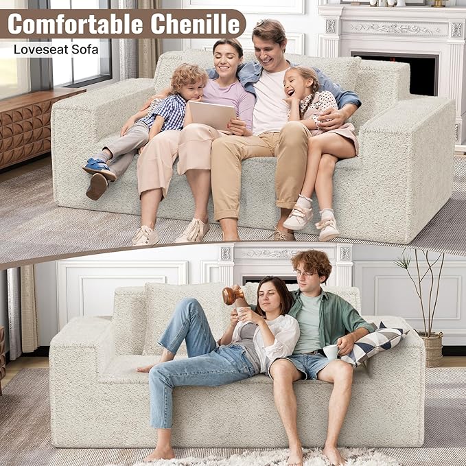 77'' Modern Cloud Loveseat Sofa in Chenille, Deep Seat Boneless Couches Includes 2 pcs Pillows for Living Room, Bedroom, Apartment(Beige)