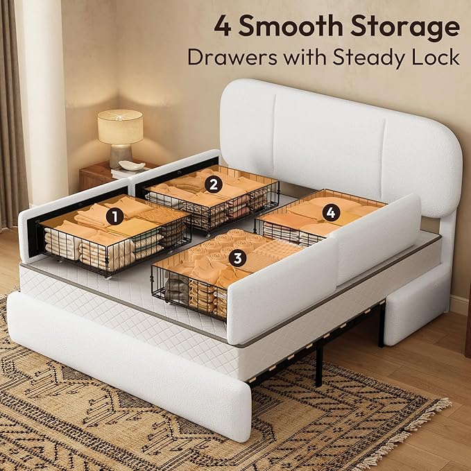 Full Size Bed Frame with Storage, Boucle Cloud Bed with 4 Locking Drawers & LED Lights, Modern Upholstered Platform Bed, Plush Sides & Footboard, Adjustable Headboard, No Box Spring, White