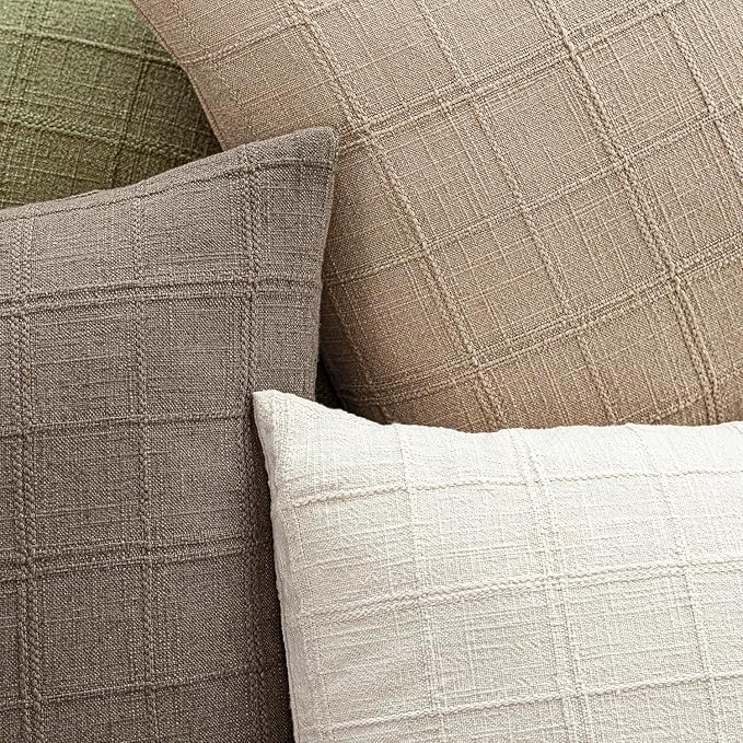 Foindtower Set of 2 Decorative Linen Check Throw Pillow Covers Neutral Farmhouse Lumbar Cushion Covers Modern Coastal Boho Home Decor for Sofa Chair Couch Bedroom Living Room,12×20 Inch,Camel