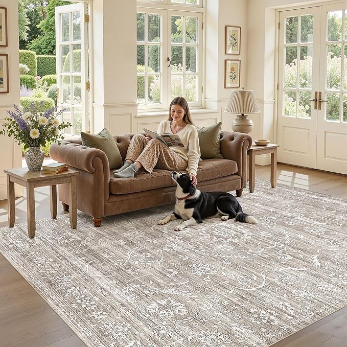 6x9 Area Rug Living Room: Washable Large Vintage Grey Rug Neutral Non-Slip Soft Stain Resistant Indoor Carpet for Bedroom Nursery Dining Room Under Table Bed Home House Office Playroom - Light Brown