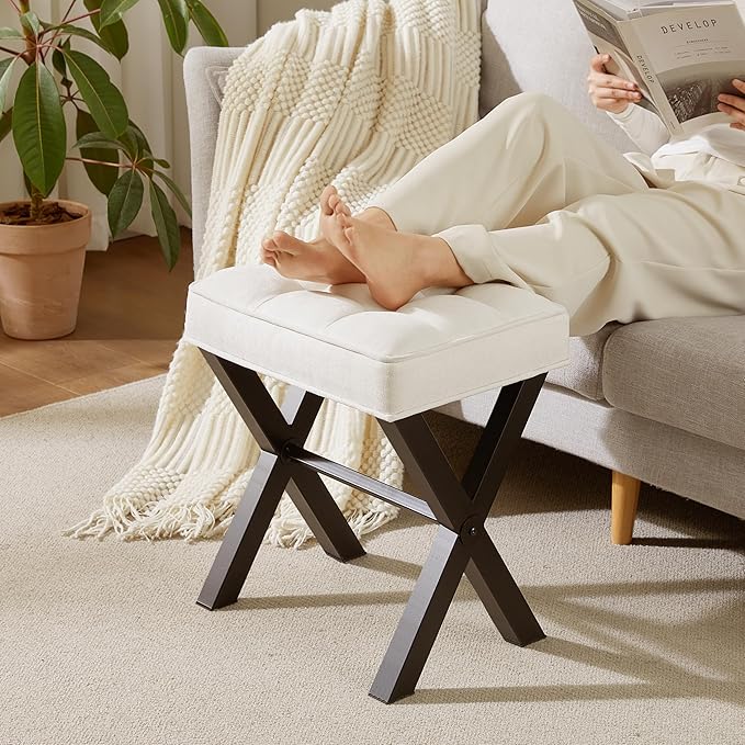 Royal Windsor Vanity Stool,Square Ottoman Stool Foot Rest,Upholstered Vanity Chair Foot Stool with Metal X Legs, Small Vanity seat for Entryway,Bedroom and Living Room,Linen White