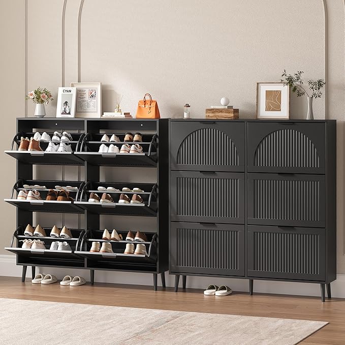 BORNOON Shoe Cabinet for Entryway with 6 Flip Drawers, Slim Wooden Shoe Storage Organizer with Modern Fluted Pannel，Freestanding Narrow Hidden Shoe Rack for Hallway, Foyer, Living Room