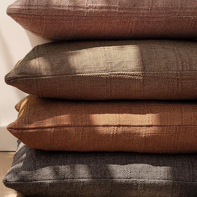 Foindtower Set of 2 Decorative Linen Check Throw Pillow Covers Neutral Farmhouse Lumbar Cushion Covers Modern Boho Home Decor for Sofa Chair Couch Bedroom Living Room,12×24 Inch,Orange