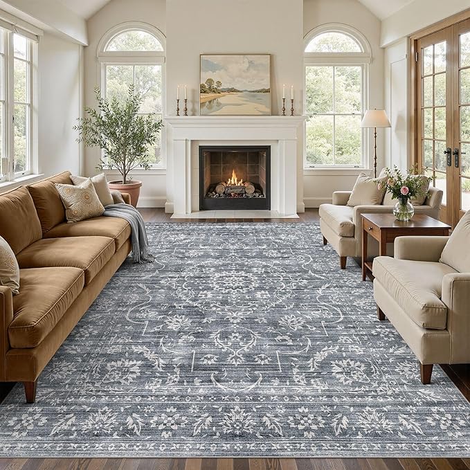 9x12 Area Rug Living Room: Washable Large Vintage Grey Rug Neutral Non-Slip Soft Stain Resistant Indoor Carpet for Bedroom Nursery Dining Room Under Table Bed Home House Office Playroom - Retro Blue