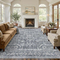9x12 Area Rug Living Room: Washable Large Vintage Grey Rug Neutral Non-Slip Soft Stain Resistant Indoor Carpet for Bedroom Nursery Dining Room Under Table Bed Home House Office Playroom - Retro Blue
