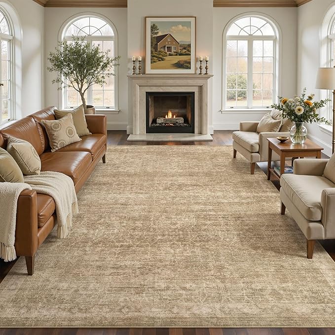Nakagishi 7x9 Area Rugs Living Room: Washable Large Vintage Rug Neutral Non-Slip Soft Stain Resistant Indoor Carpet for Bedroom Nursery Dining Room Office Playroom - Dark Bown