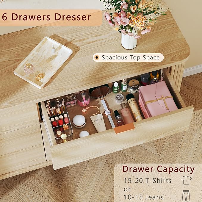 HUAHUU 55" Wide Fluted 6 Drawers Dresser for Bedroom, Mid Century Modern Dresser & Chests of Drawers, Curved Profile Design, Dressers TV Stand, Wood Storage for Hallway, Entryway, Oak