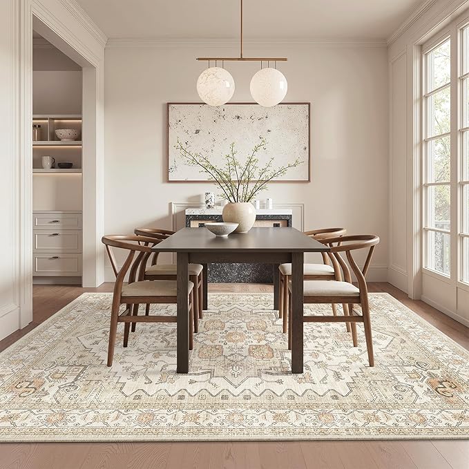 Area Rugs for Living Room - 6x9, Boho Non-Slip Low Pile Carpet Machine Washable Rugs for Bedroom, Farmhouse, Office, Dining Room (Gold)