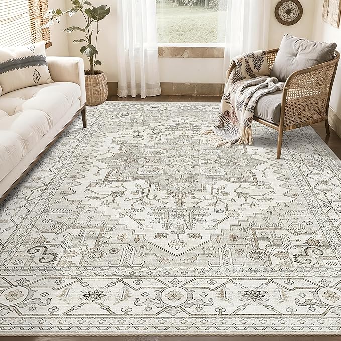 Area Rugs for Living Room - 4x6, Boho Non-Slip Low Pile Carpet Machine Washable Rugs for Bedroom, Farmhouse, Office, Dining Room (Beige)
