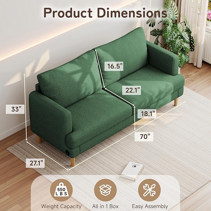 70" Modern Loveseat Sofa with USB Type-C Ports, Linen Fabric 2-Seater Deep Seat Couch, Cozy Small Couch Sofa for Living Room Bedroom Office Apartment (Green)