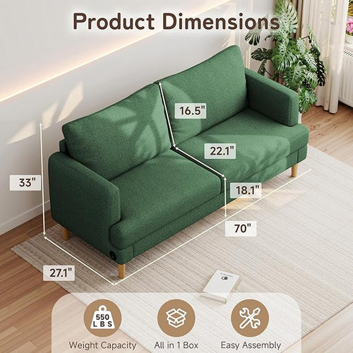 70" Modern Loveseat Sofa with USB Type-C Ports, Linen Fabric 2-Seater Deep Seat Couch, Cozy Small Couch Sofa for Living Room Bedroom Office Apartment (Green)