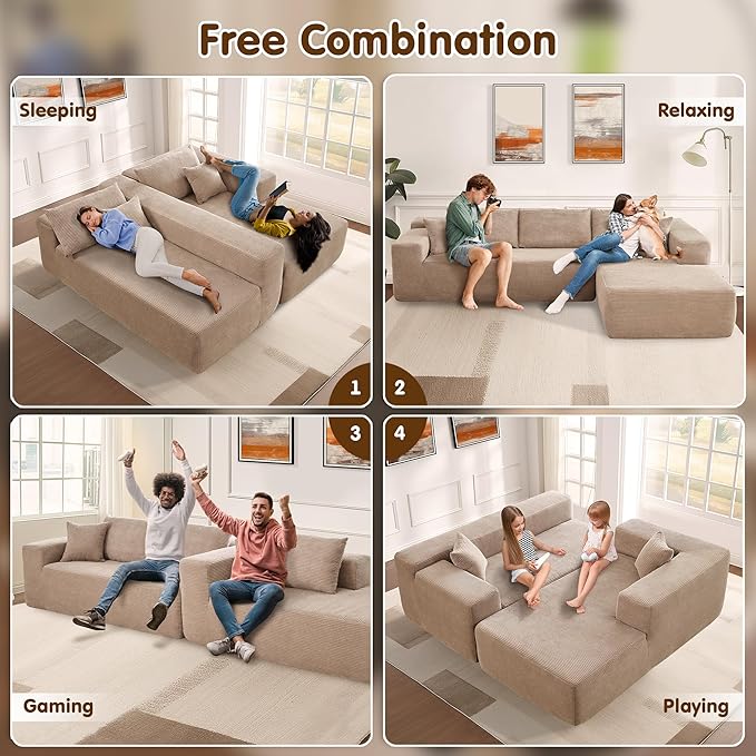 ovios 104" Cloud Boneless Couch with L-Shape Chaise,Modern Sectional Modular Sofa with Deep Seat, Upholstered Couches for Living Room Bedroom,No Assembly Required, Camel (Corduroy Fabric)