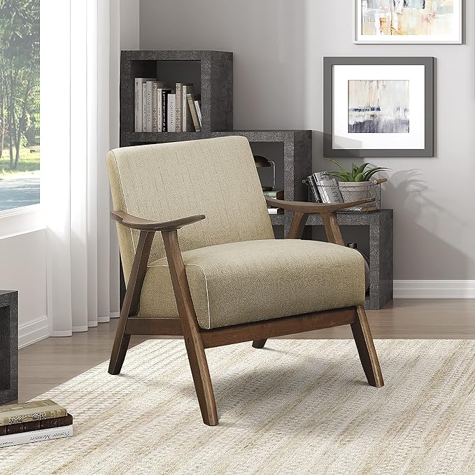 Lexicon Mid Century Modern Accent Chair with Solid Wood Frame in Walnut Finish, Upholstered Living Room Lounge Arm Chair, Thick and Comfy Innerspring Seat Cushion, Linen-Look Fabric, Light Brown