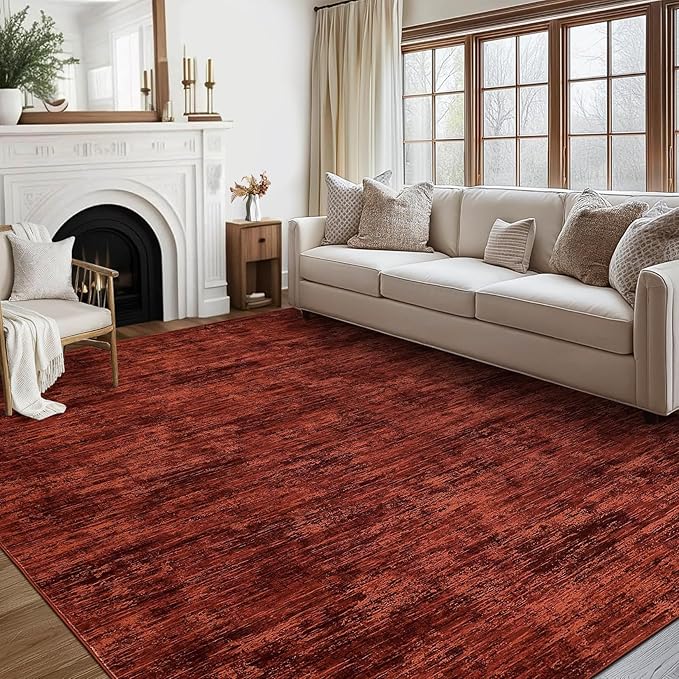 RUGSREAL 8x10 Washable Rug for Living Room Non-Slip Modern Abstract Area Rug Stain Resistant Large Bedroom Rug Contemporary Accent Throw Floor Carpet Solid Rug for Dining Room Home Decor, Red