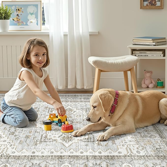 Area Rugs for Living Room - 6x9, Boho Non-Slip Low Pile Carpet Machine Washable Rugs for Bedroom, Farmhouse, Office, Dining Room (Light Blue＆Beige)