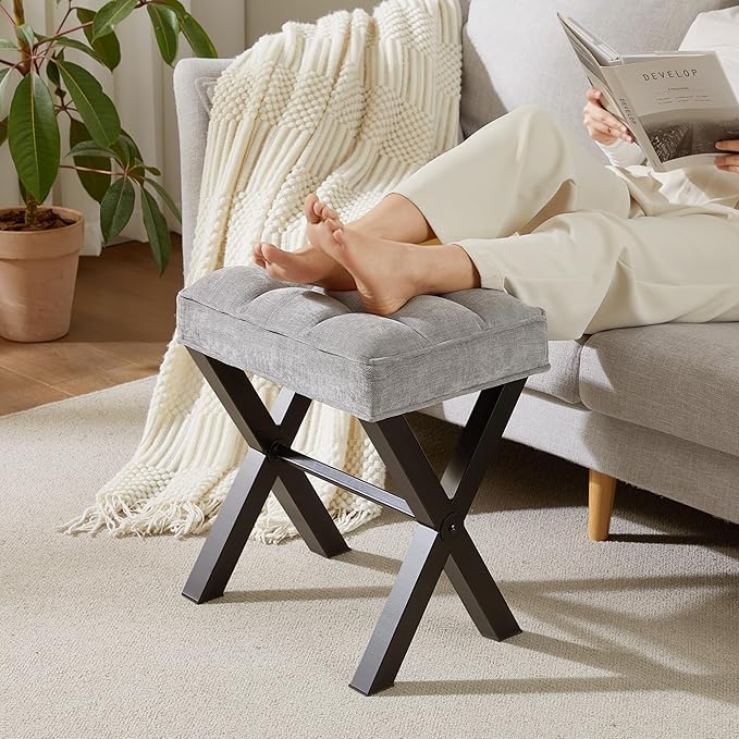 Royal Windsor Vanity Stool,Square Ottoman Stool Foot Rest,Upholstered Vanity Chair Foot Stool with Metal X Legs, Small Vanity seat for Entryway,Bedroom and Living Room,Linen Light Grey
