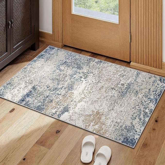 Art&Tuft 2x3 Washable Rug, Low Pile Abstract 2x3 Entryway Rug, Anti-Slip Backing Small Door Mat Pet Friendly for Front Door, Entrance, Kitchen, Bathroom, Laundry, Blue