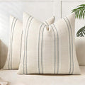 AELS 16x16 Decorative Farmhouse Linen Blend Throw Pillow Covers, Boho Textured Pillow Case, Set of 2, Beige with White & Gray Stitch Yarn Dyed Stripe Cushion Cover for Sofa Living Room (Cover ONLY)