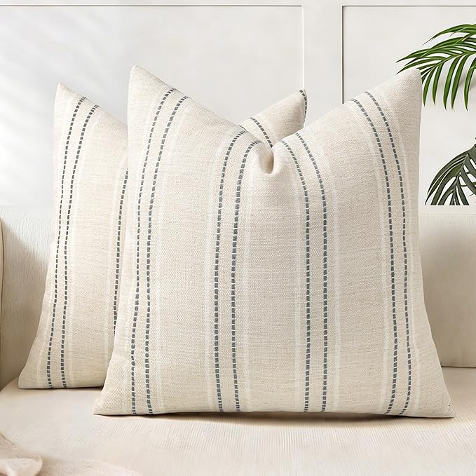 AELS 16x16 Decorative Farmhouse Linen Blend Throw Pillow Covers, Boho Textured Pillow Case, Set of 2, Beige with White & Gray Stitch Yarn Dyed Stripe Cushion Cover for Sofa Living Room (Cover ONLY)