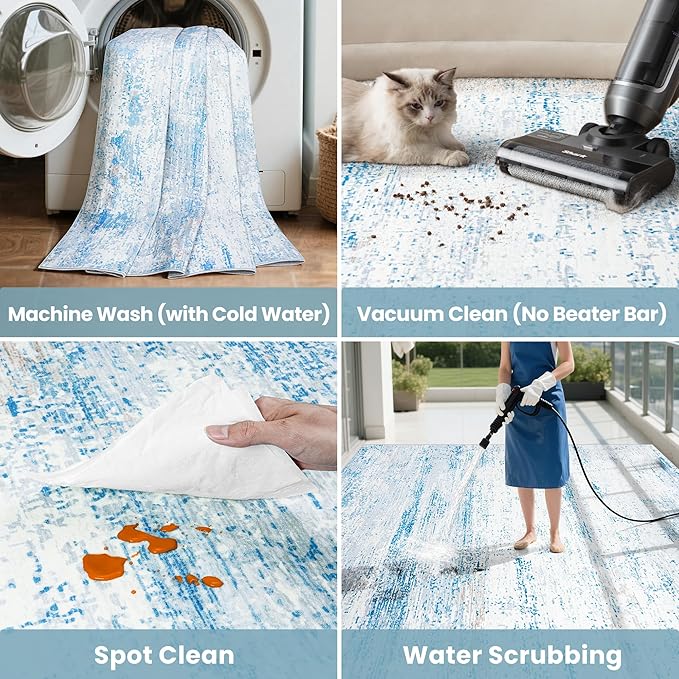 6x9 Area Rugs Washable Rug:Anti-Skid Abstract Modern Living Room Rug Soft Thin Carpets Indoor Floor Non-Shedding Carpet for Bedroom Dining Farmhouse Nursery Home Office(Light Blue/White/Beige, 6x9)