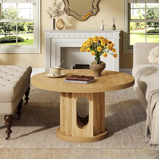 knoworld 31.5" Round Coffee Table, Small Wooden Circle Center Table Hole Panel Splice Design Coffee Tables for Living Room, Thickened Edge MDF Board, Natural Oak