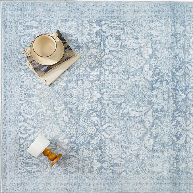 PureCozy Washable Area Rug 2x3, Small Non-Slip Entryway Door Mat Vintage Low Plie Thin Indoor Kitchen Bathroom Rug Retro Accent Throw Entrance Bedroom Office Carpet Blue