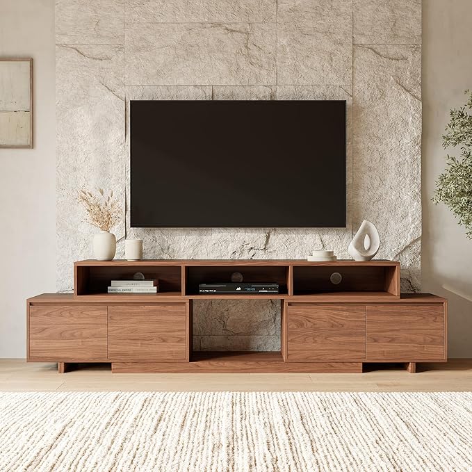 Extendable TV Stand for 65-100 Inches TVs - Walnut Entertainment Console with 2 Cabinets, 3 Open Compartments & 1 Adjustable Shelf, Cable Management, Adjustable Length 63''-94.5'' (Walnut, 63"-94.5")