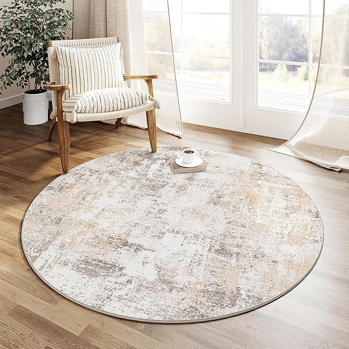 3x3 Washable Round Rug Beige Grey Abstract Non Slip Soft Low Pile Circle Rug for Dining Room Office Entryway Neutral Modern Indoor Carpet for Living Room Bedroom Home Decor