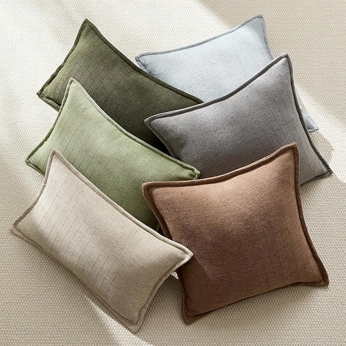 DEZENE 12x20 Linen Pillow Covers Natural Beige Pack of 2 Farmhouse Boho Neutral Accents Striped Textured Rectangular Lumbar Decorative Throw Pillow Cases for Living Room Couch Bed Home Decor