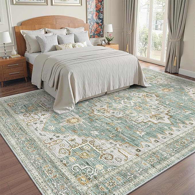 Area Rugs for Living Room - 9x12, Boho Non-Slip Low Pile Carpet Machine Washable Rugs for Bedroom, Farmhouse, Office, Dining Room (Green)