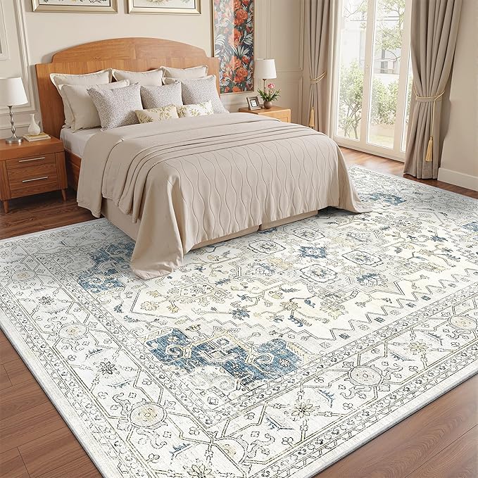 Washable 9x12 Area Rugs, Large Rugs for Living Room Stain Resistant Carpet Vintage Rugs for Bedroom with Non Slip Backing Home Decor(9x12,BeigeBlue)