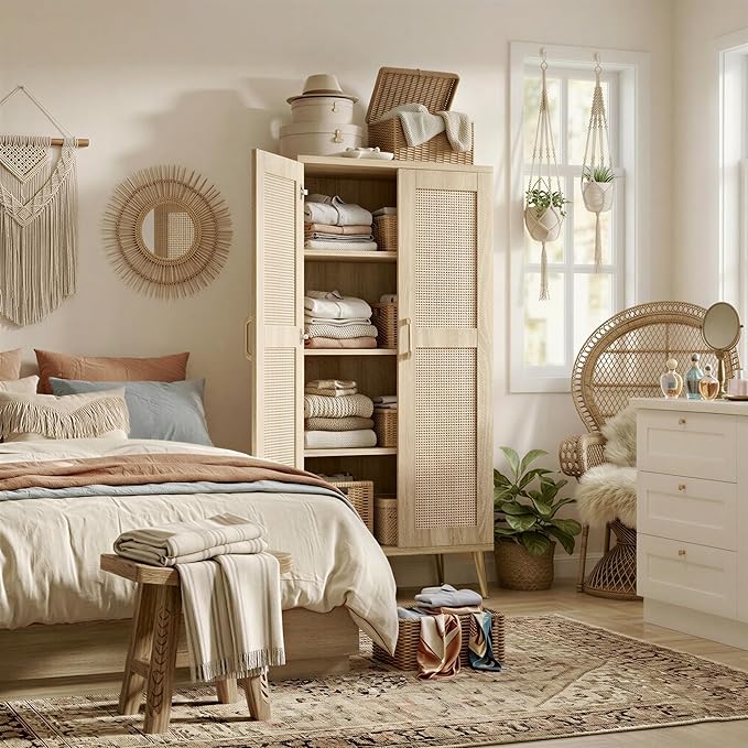 JASIWAY Tall Bathroom Storage Cabinet with Doors and Shelves, 57" Linen Floor Storage Cabinet for Laundry Entryway, Wood Freestanding Pantry with Metal Handle, Adjustable Shelves, Anti-Tipping Device
