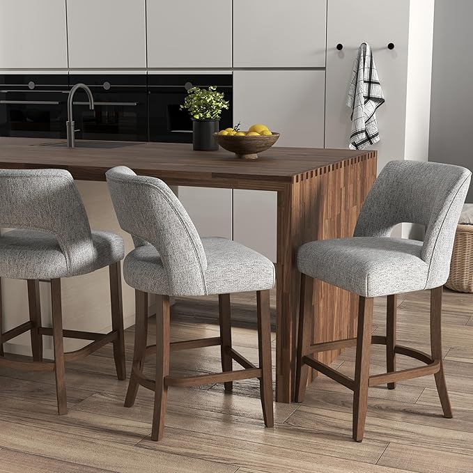 VKNOW Bar Stools Set of 2, 26" Upholstered Counter Height Bar Stools,Modern Counter Stools with Wood Legs for Kitchen Island Dining Room Bar,Grey
