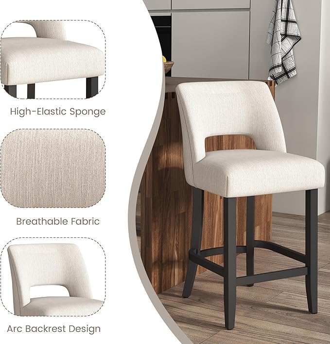 VKNOW Bar Stools Set of 2, 26" Upholstered Counter Height Bar Stools, Modern Counter Stools with Black Legs for Kitchen Island Dining Room Bar, Beige-Black Legs
