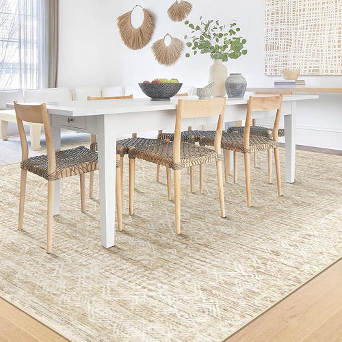 6x9 Area Rugs for Living Room: Washable Moroccan Geometric Boho Rug Farmhouse Non Slip Stain Resistant Large Rug Low Pile Soft Carpet for Bedroom Dining Room Home Office Children Room (Beige,6'x9')