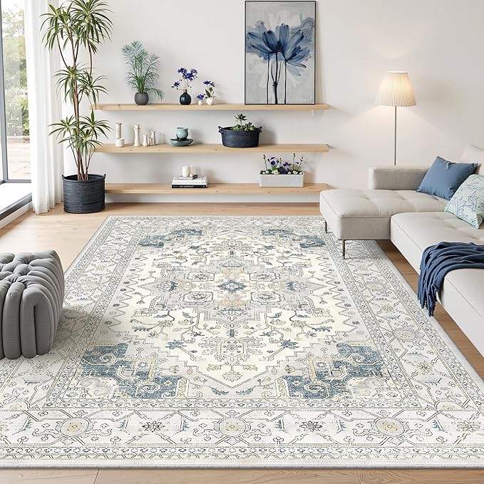 befbee Washable Area Rug 8x10, Area Rugs Stain Resistant Neutral Washable Rugs for Living Rooms Bedroom Vintage Non-Slip Thin Large Size Area Rug（BeigeBlue）